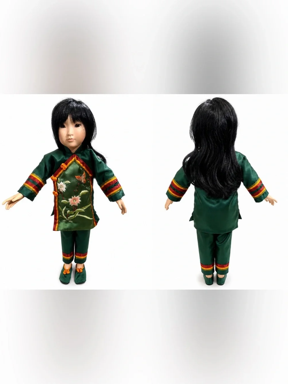 Green Embroidered Floral Doll Outfit with Orange Trim